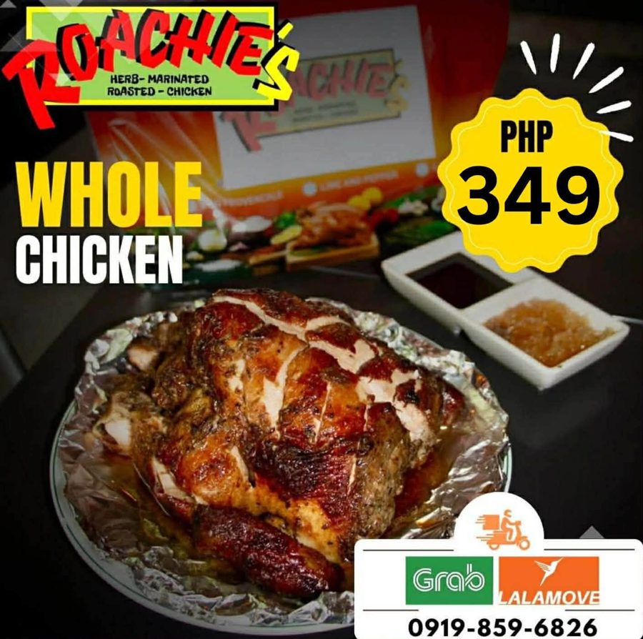 Roachie's whole herb-marinated roasted chicken, sliced and plated